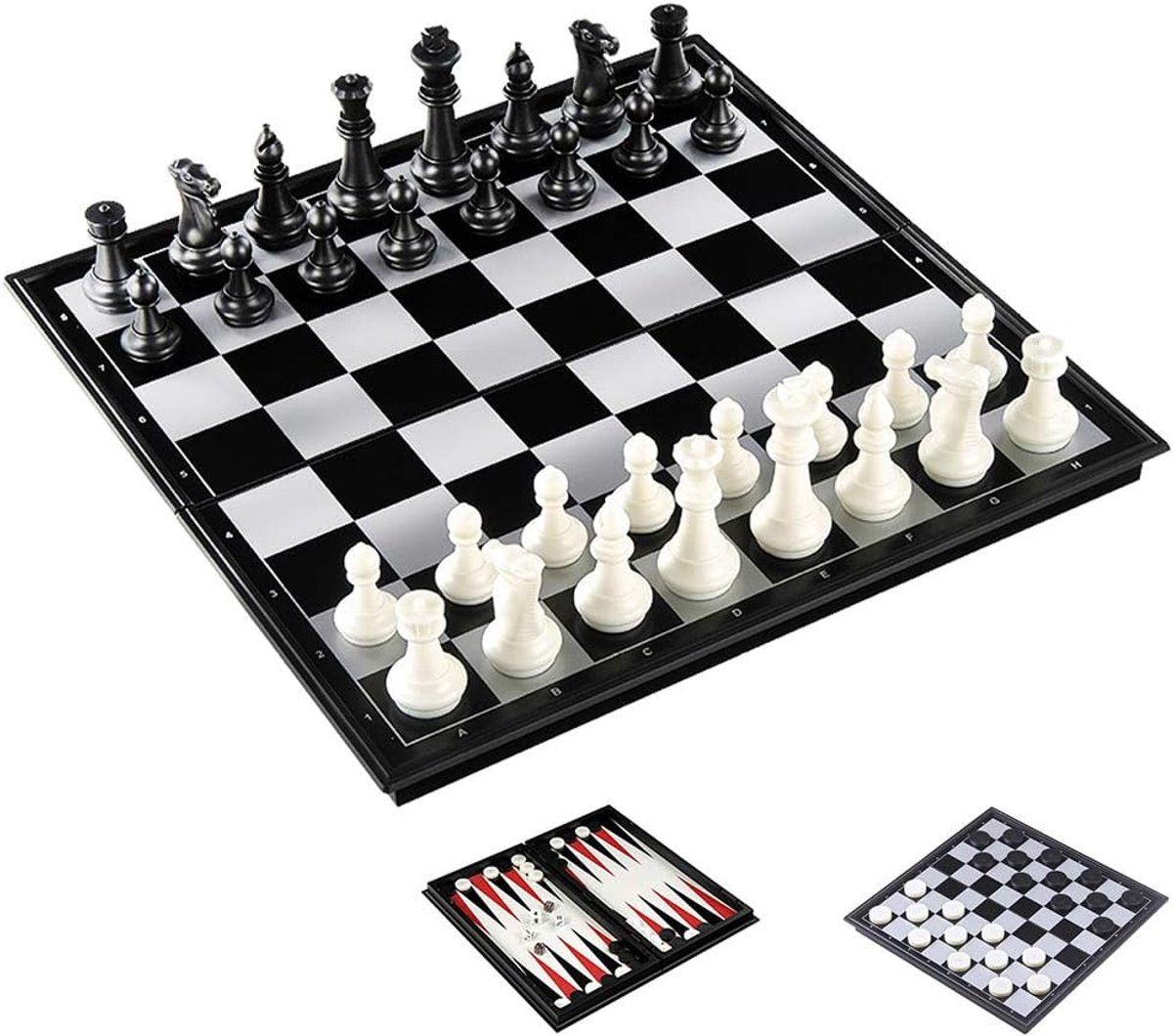 Schaken, dammen, backgammon set, magnetische opvouwbare bordspellen, educatief speelgoed/cadeau voor kinderen en volwassenen (M - 32x32cm)