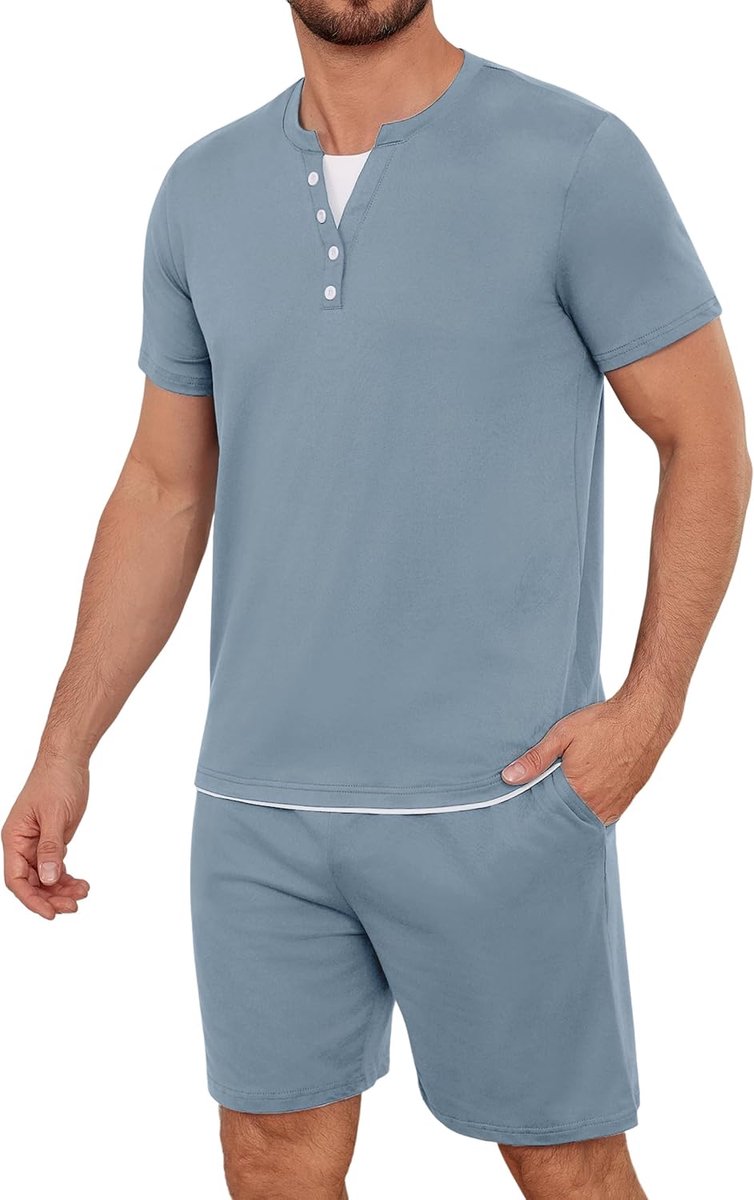 Zomerpyjama voor heren, zomer, kort, katoen, licht, 2 stuks, pyjama's met knopen, ronde hals, korte mouwen, T-shirt en shorts, effen kleur