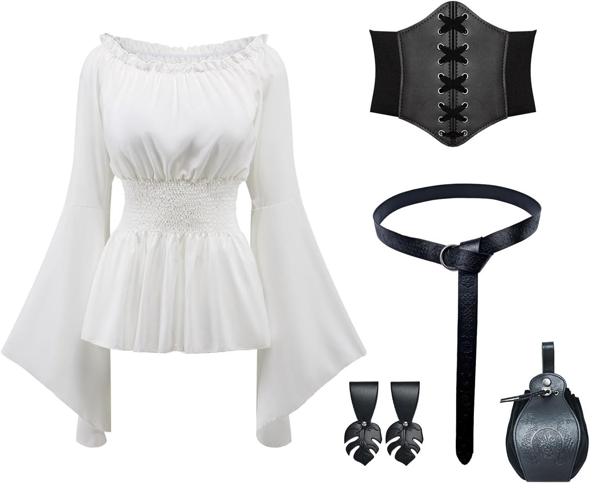 Middeleeuwse kleding dames vintage blouse met korset riem heuptas voor Halloween carnaval