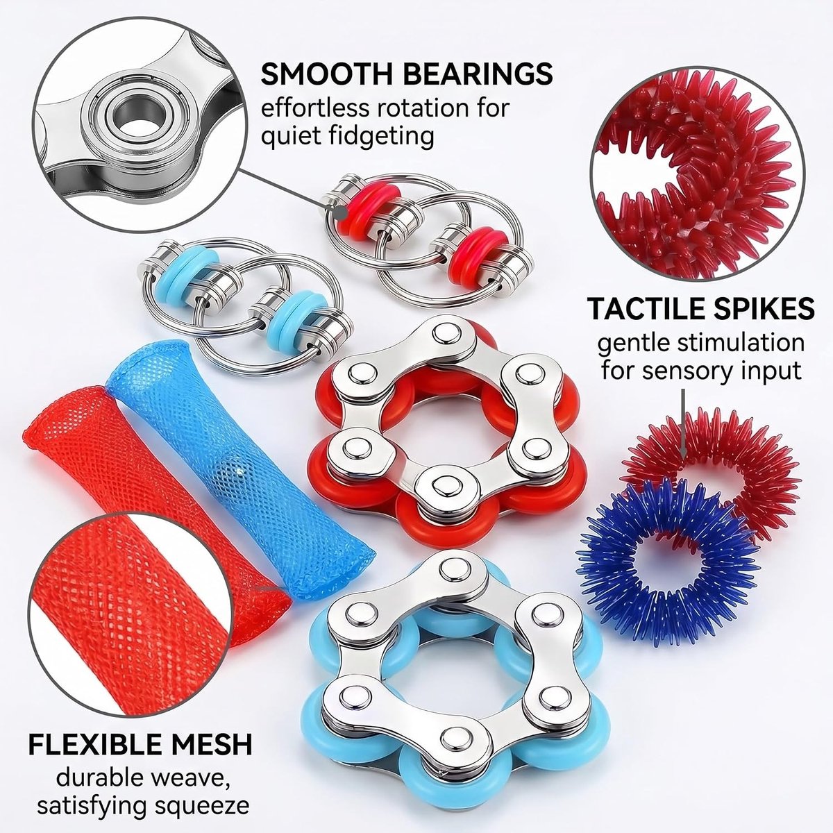 Fidget set, 8 stuks, geweven netslang, ADHS, stressvermindering, anti-stress, knijpen, anti-stress voor volwassenen, voor ADHS (rood/blauw, C)