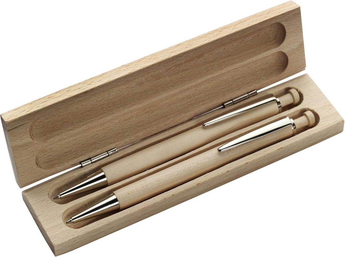 NoTrash2003 Duurzame gecertificeerde beukenhouten schrijfset met blauwe balpen en mechanisch potlood in beukenhouten etui, 100-4519