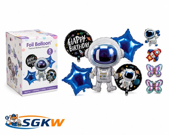Folieballonnen Set Ruimtevaart – 5-delig – Astronaut – Sterren – Verjaardagsdecoratie