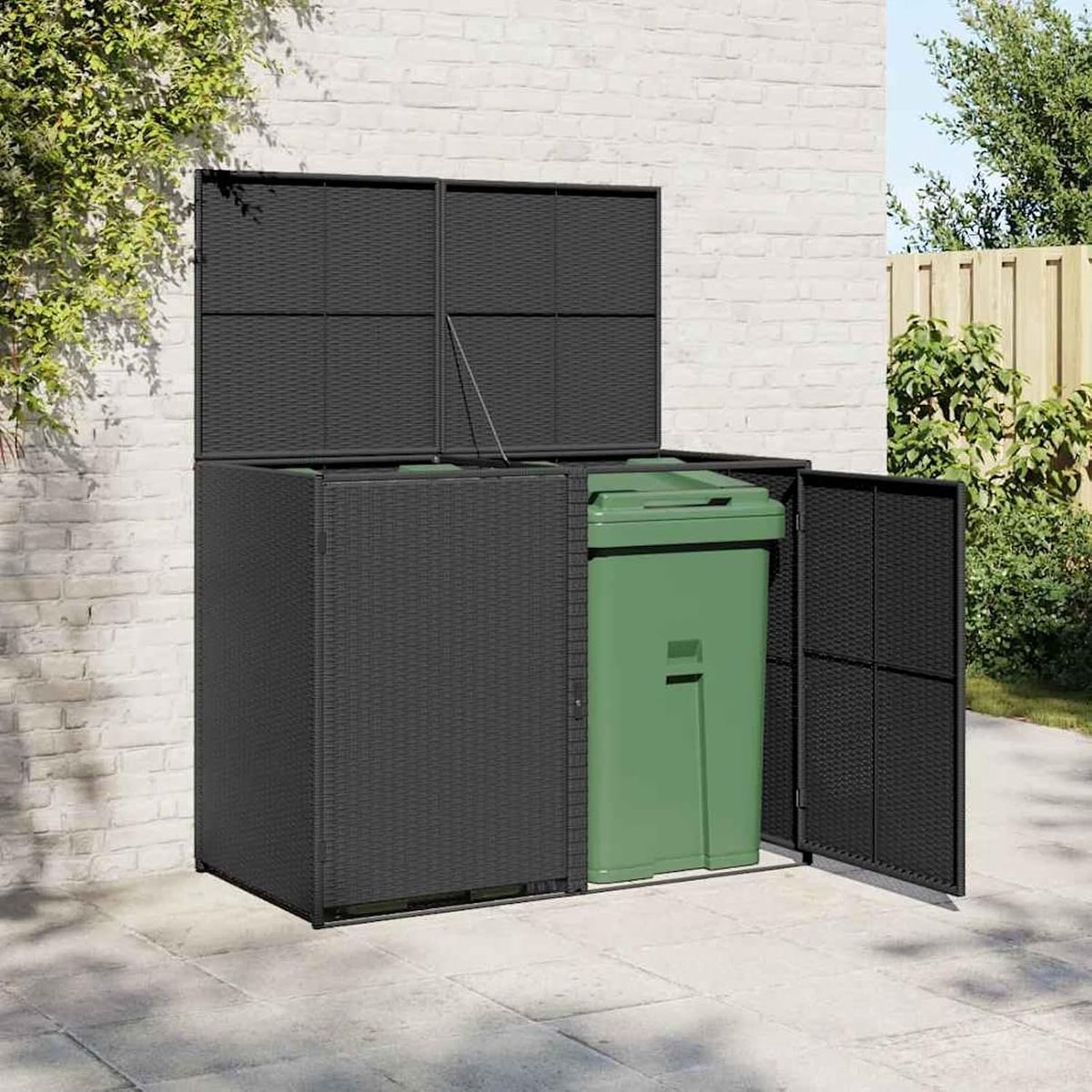 Zwarte afvalcontainerbox, 240 liter, polyrotan, tuinopslag voor huishoudens, tuinverzorging