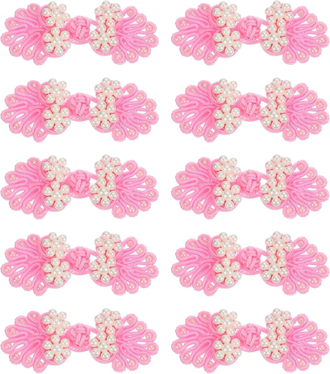 Knopen, knopen, sluiting, 10 paar, 60 x 25 mm, kikkerknopen, sluitingen met kralen voor doe-het-zelf cheongsam tangpakken, bruidskostuums, outfit (roze)