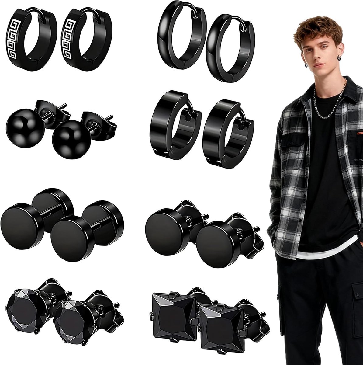 oorbellen heren roestvrij staal set van 8 stuks – zwarte oorstekers minimalistisch design – 316L hypoallergeen – stijlvolle heren sieraden dagelijks gebruik cadeau
