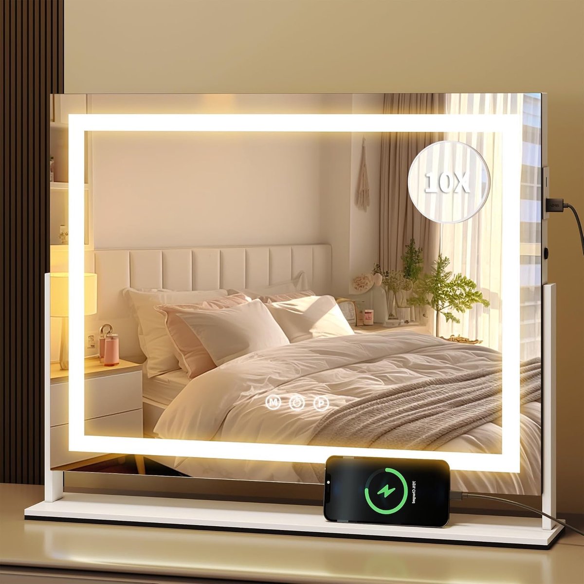 Make-upspiegel met verlichting, groot, spiegel met 3 lichtkleuren, make-upspiegel met verlichting, USB en 10 x vergrootglas, touch control, cosmeticaspiegel voor tafelblad of wandhouder