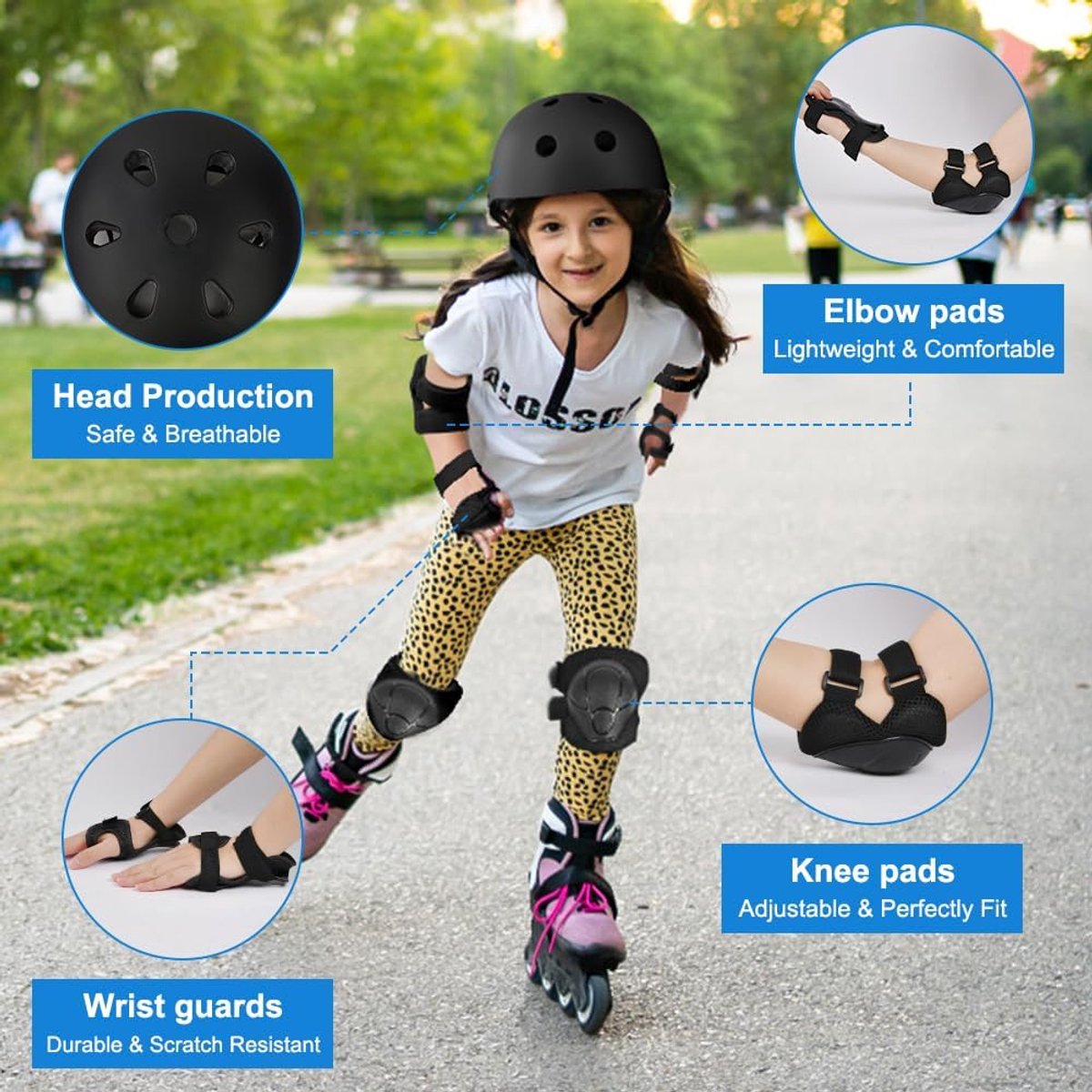 Flintronic Kniebeschermers voor kinderen, elleboogbeschermers, polsbeschermers, 6-in-1 beschermende uitrustingset, comfortabele en eenvoudig te installeren scooter, skateboard, fiets