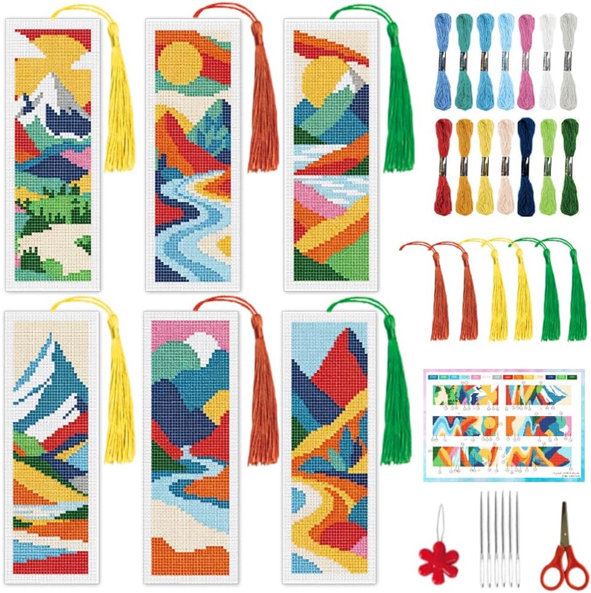 Berg Kruissteek Bladwijzer Kit 10 x 7,7 cm Natuur Landschap Handwerk Bladwijzer Set Rivierbergen Kruissteek Bladwijzers Kit DIY Zonsondergang Borduurwerk Bladwijzers Kit voor Boek Liefhebbers