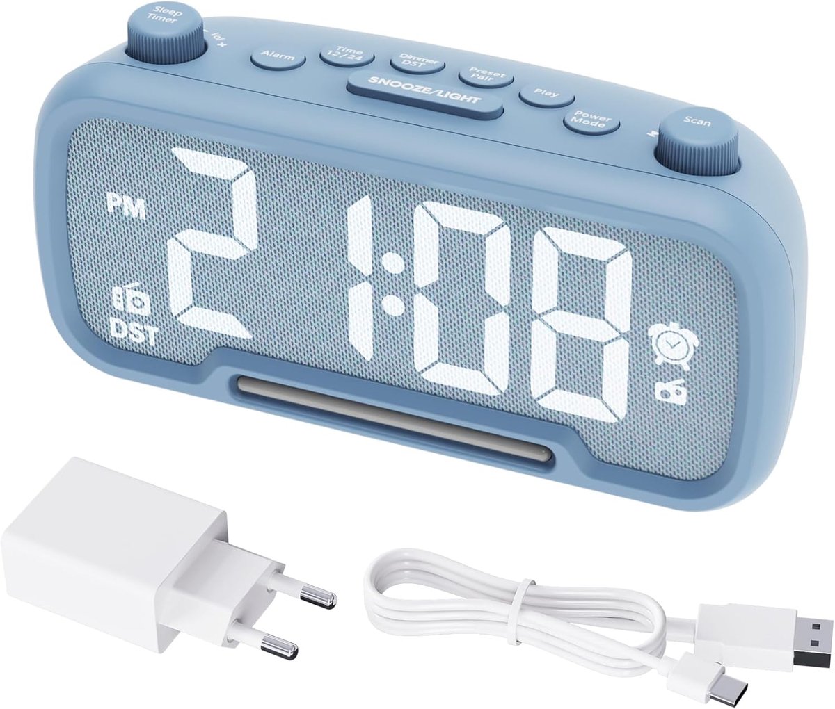Wekker met nachtlampje, LED-klok, FM- en digitale radio, keukenradio, tafelklok, netvoeding, dimbaar, USB, Type-C, DST, nap timer, batterij-back-up