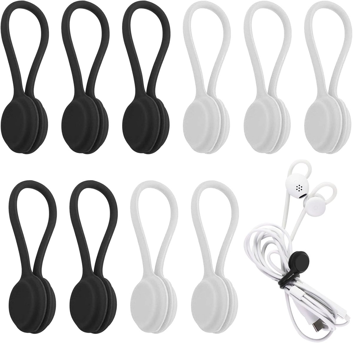 10 stuks magnetische kabelorganizer van siliconen, professionele bureauopslag, laad- en USB-kabelbeheer, 5 zwart en 5 wit, herbruikbaar