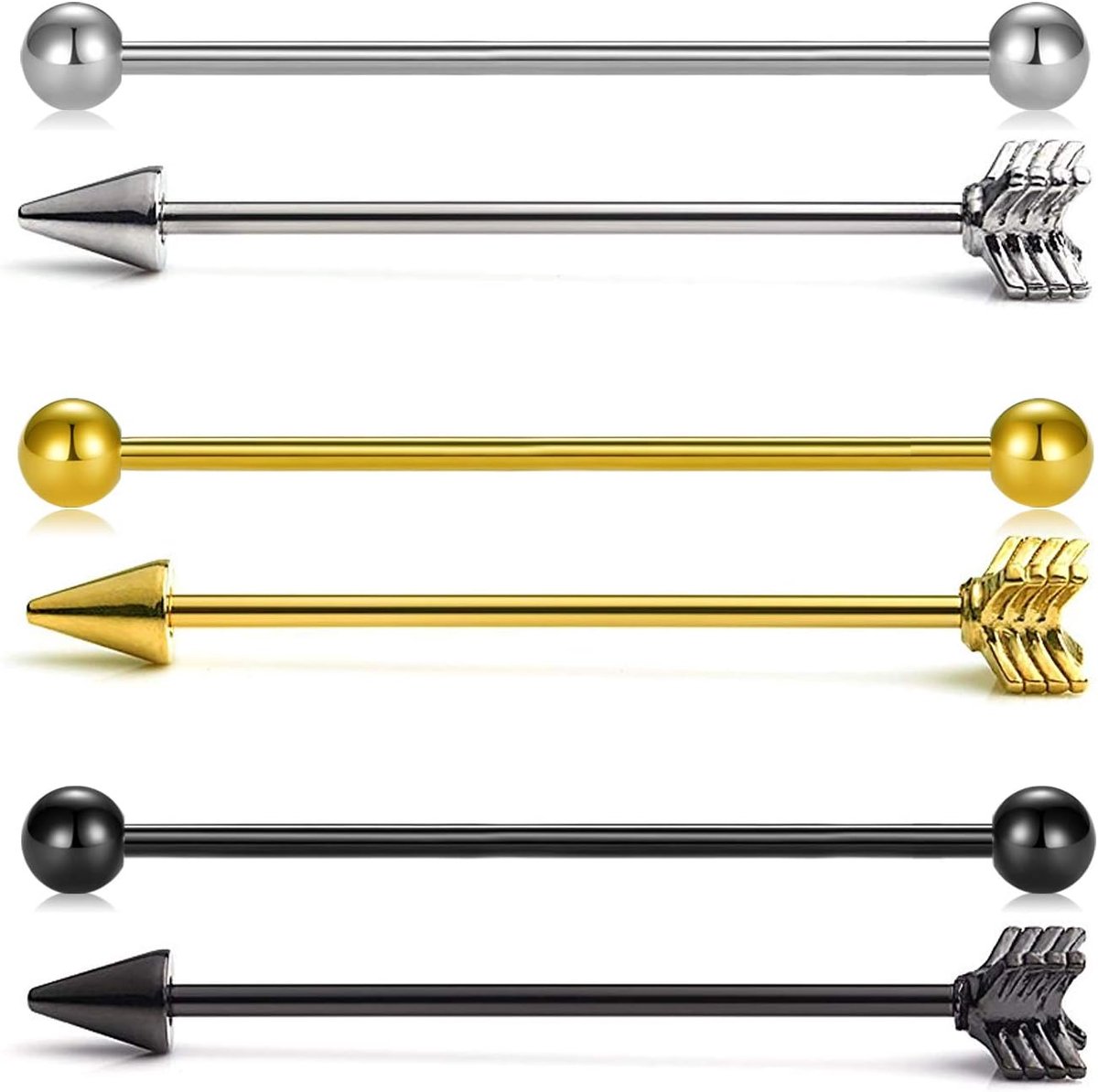 6 stuks 14 gauge industriële chirurgisch staal barbell piercing 38 mm pijlpiercing oor sieraden, Zonder steen.