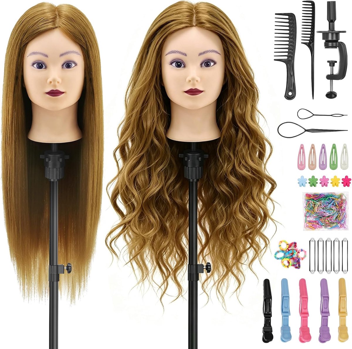 Echthaar 90%, 66-71 cm Frisierpop Oefenhoofd voor kappers, Mannequin hoofd voor trainingshoofd kapper, Poppenshoofd om te knippen met kapperaccessoires, Pop met haar
