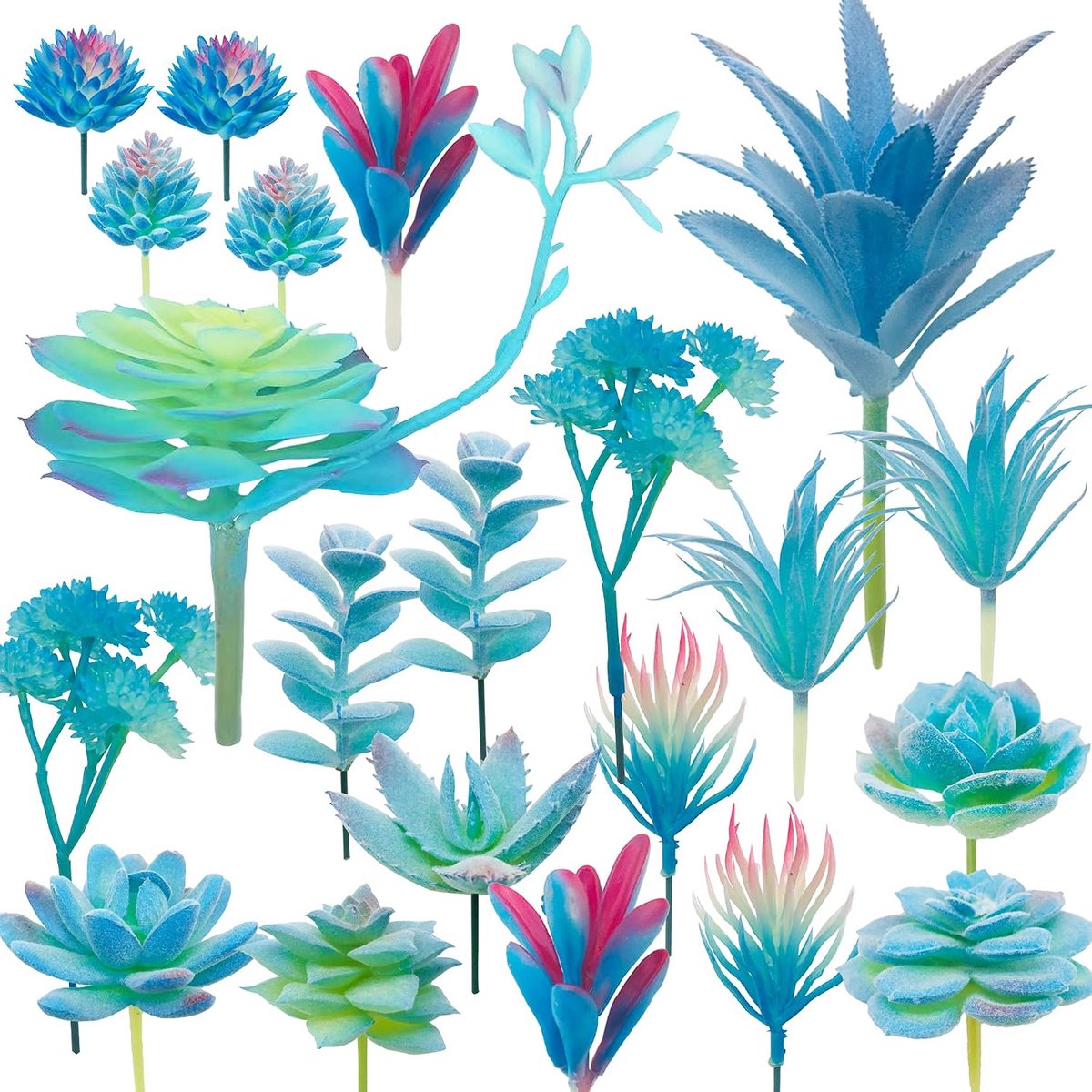 Woohome Kunstvetplanten, 20 stuks, blauwe nepvetplanten, niet-gepot faux succulenten assortiment in gevlokt blauw in verschillende soorten, voor verjaardag, woondecoratie, binnenmuur, tuin,
