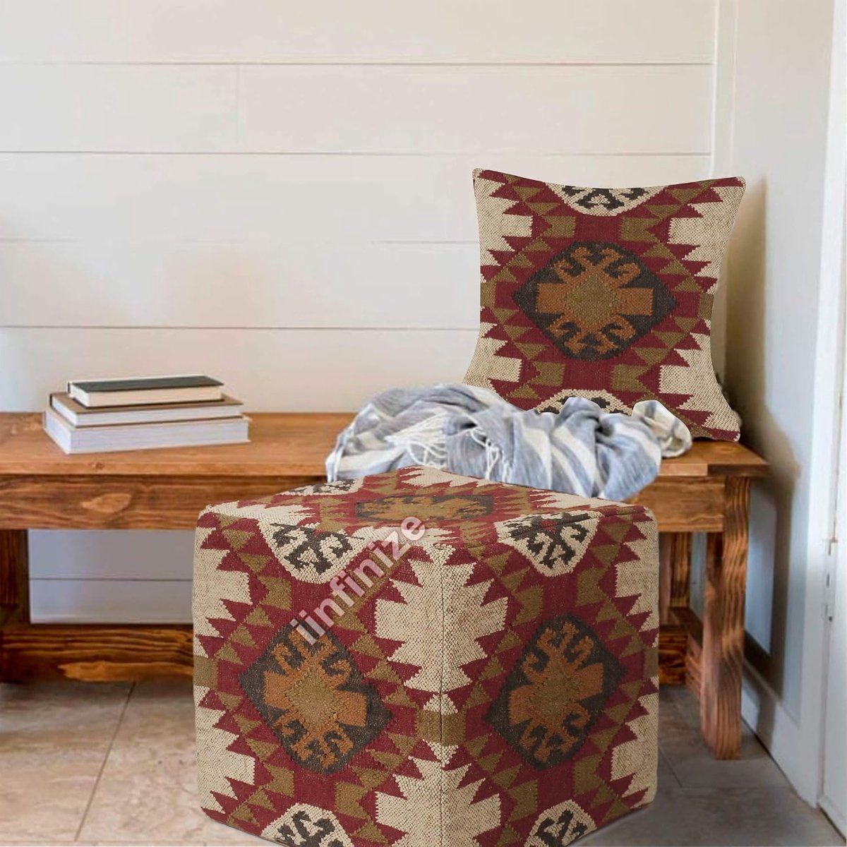 Ottoman pouf 45x45 cm - wol jute - handgeweven - comfortabel voetsteuntje - SnelShoppen