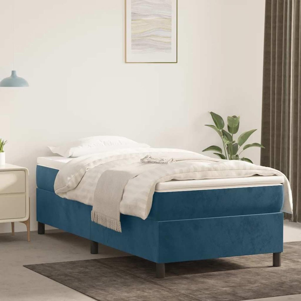 Fluweel Pocketvering Do 90x190cm Donkerblauw | Boxspring met matras fluweel donkerblauw 90x190 cm pocketvering matras middelhard