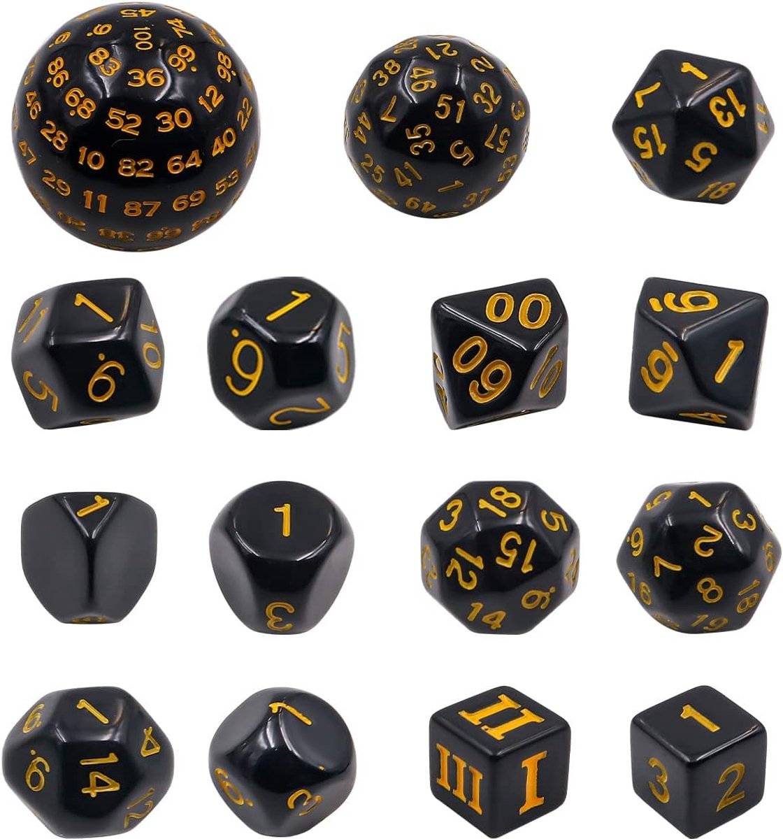 15-delige complete polyedrische dobbelstenen set D3-D100 spel dobbelstenen set voor rollenspel tafelspellen zwart en geel