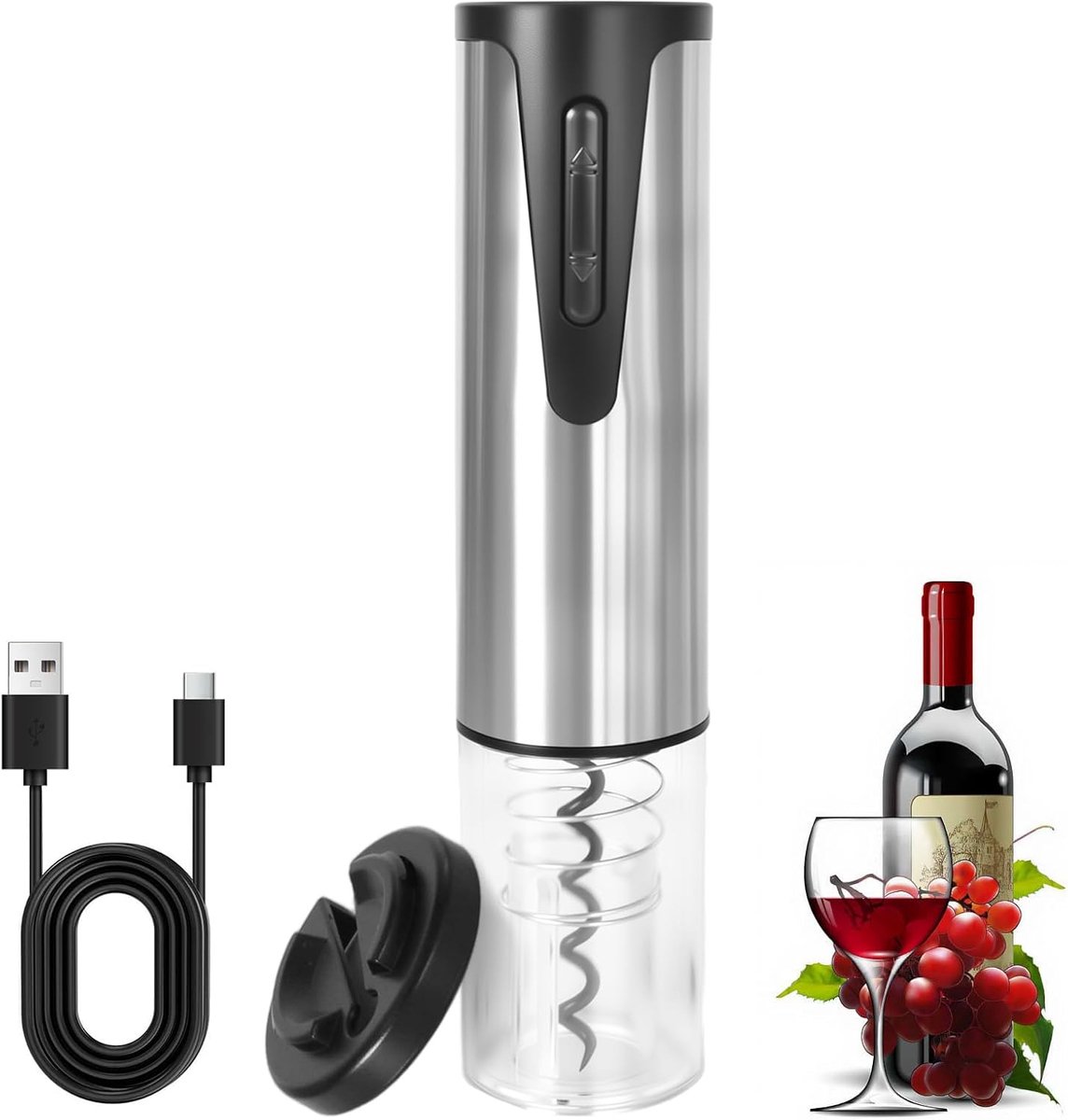 Kurk, professionele wijnflesopener, draadloos, automatische flesopener, flesopener met capsulesnijder, oplaadbaar, voor thuis, restaurant, feesten, als cadeau
