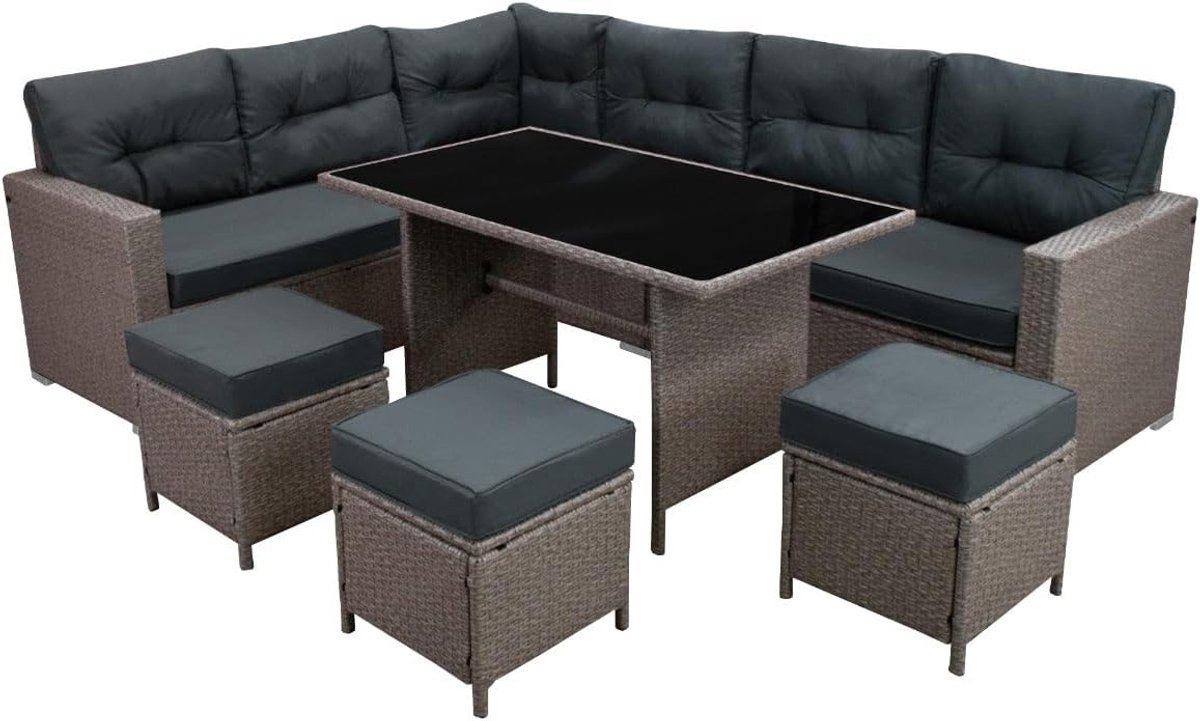 Hoekdinerset 9-Persoons - Grijs Rotan - L-vormige Bank met Tafel - Comfortabel buiten dineren - SnelShoppen