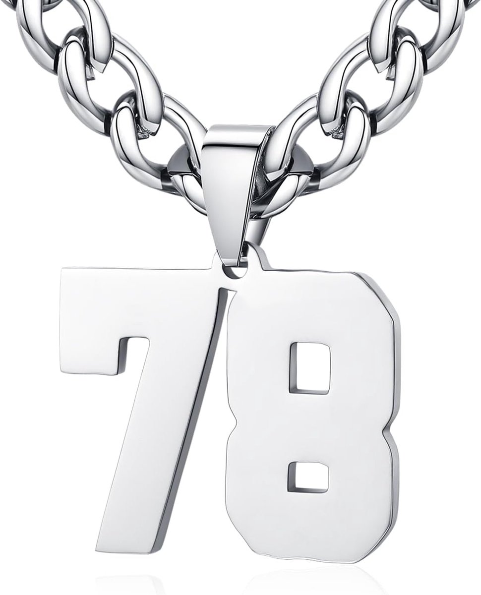dames roestvrij staal 0-99 getal hanger geluksgetal jersey nummer sporter halsketting gepersonaliseerd met 6 mm brede pantserketting, Roestvrij staal