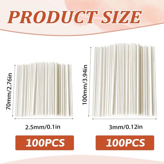 2 verpakkingen popcake, 100 stuks 70 x 2,5 mm + 100 stuks 100 x 3,0 mm, levensmiddelenkwaliteit, decoratie voor popcake, taart, stokjes voor het maken van lollys, cake, snoep, chocolade — afbeelding 5
