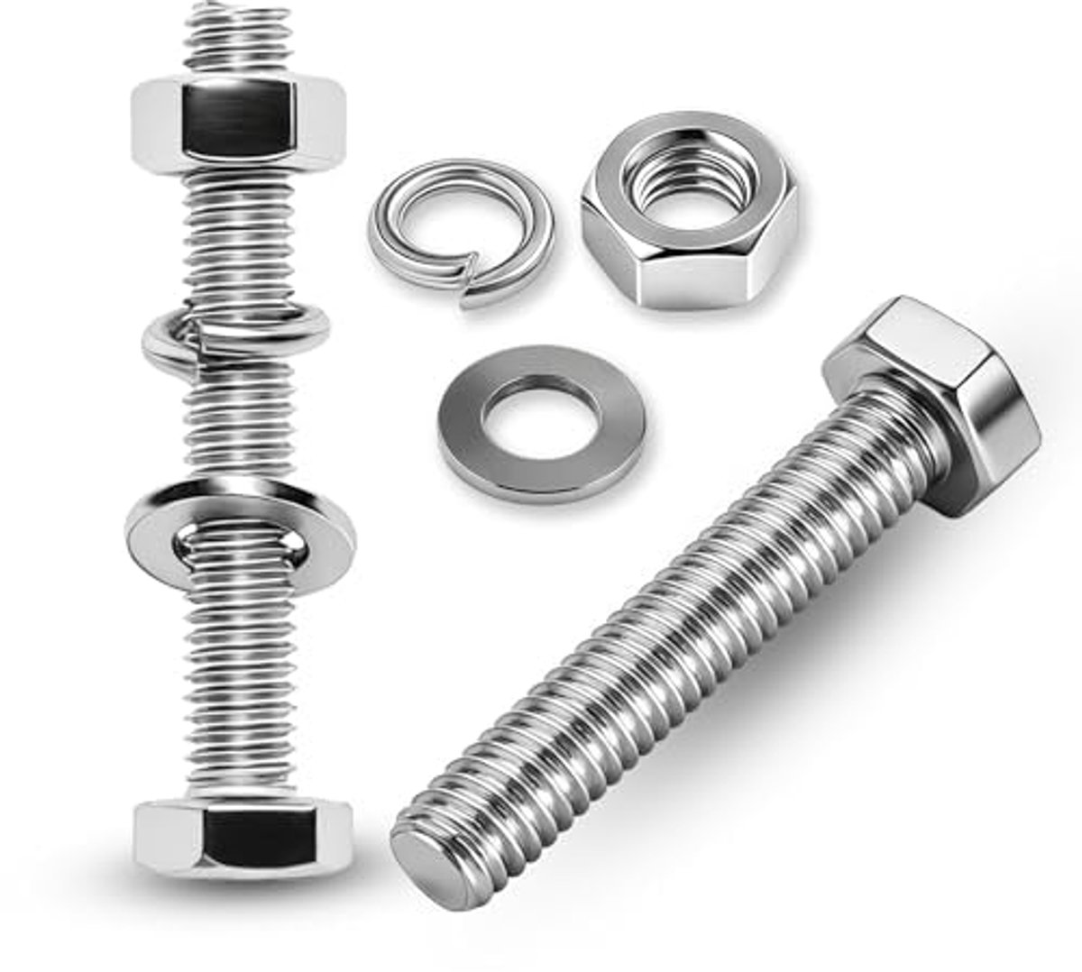 schroeven en moeren, roestvrij staal A2 V2A, 8 stuks | M8x60 8 stuks, roestvrij staal A2 V2A, zeskantschroeven met moeren, U-ringen en veerringen, corrosiebestendig