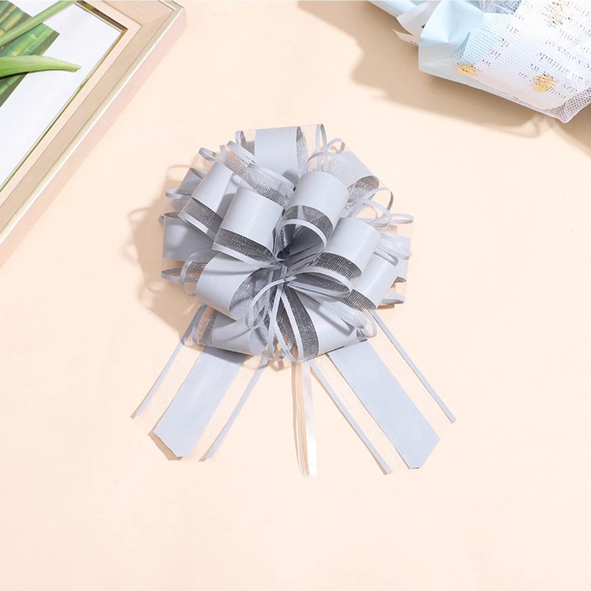 6 stuks Grote Geschenksluiting met Geschenkband, Treksluiting ø 18 cm, Geschenksluiting voor knutselen en verpakken, Decoratieve sluitingen voor bruiloft, verjaardag en kerst (grijs)
