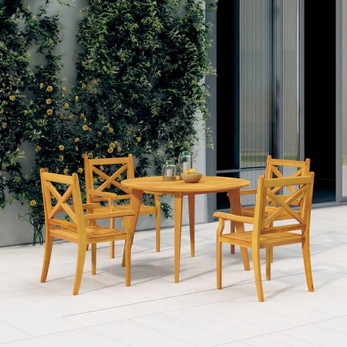 Set van 4 massief acaciahouten tuinstoelen, tafelstoelen met armleuningen, kruisrugleuning en lattenbodem, belastbaar tot 110 kg, montagehandleiding