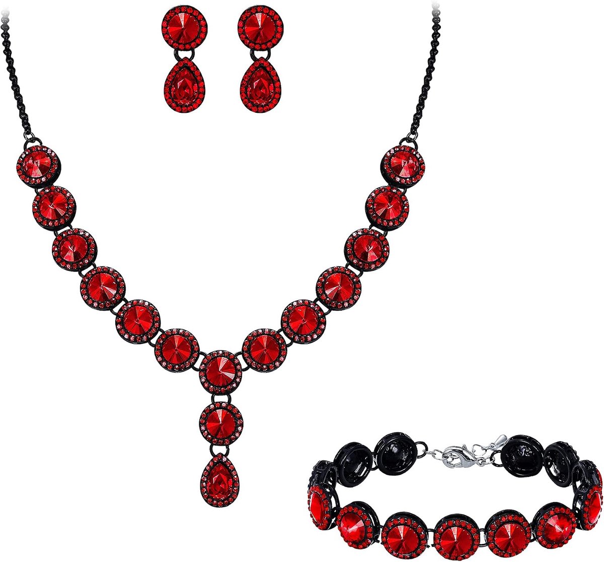 Sieraden Set Dames Bruiloft Bruid Kristal Cluster Halsketting Kraag Choker Hanger Oorbellen en Armketting Set Helder Zilvertint, Kristal Gelegeerd Staal