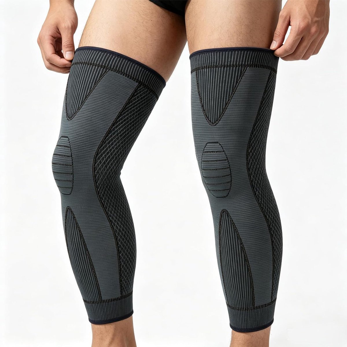Kniebandage, lang, voor mannen en vrouwen, set van 2 kniebeschermers met antislip siliconen strips, compressie kniebeschermers voor meniscus, artritis, joggen, hardlopen, sport (XL)