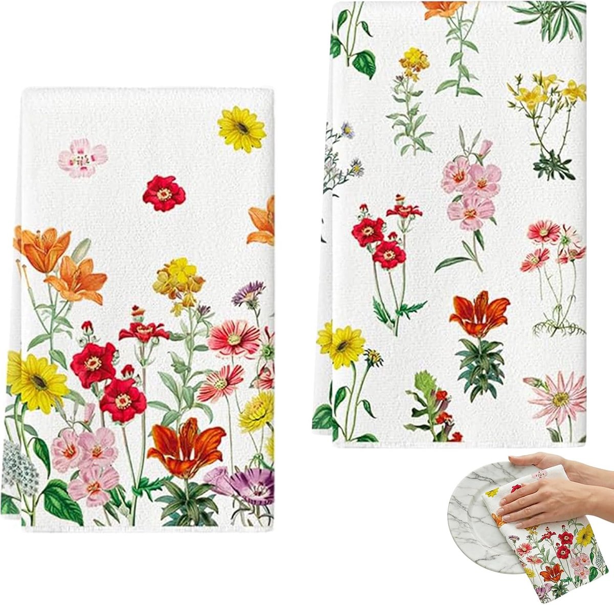 Set van 2 lente keukendoeken wilde bloemen theedoeken, paaskeukendoek katoen, lente bloemen theedoek, keuken lente decoratie (B)