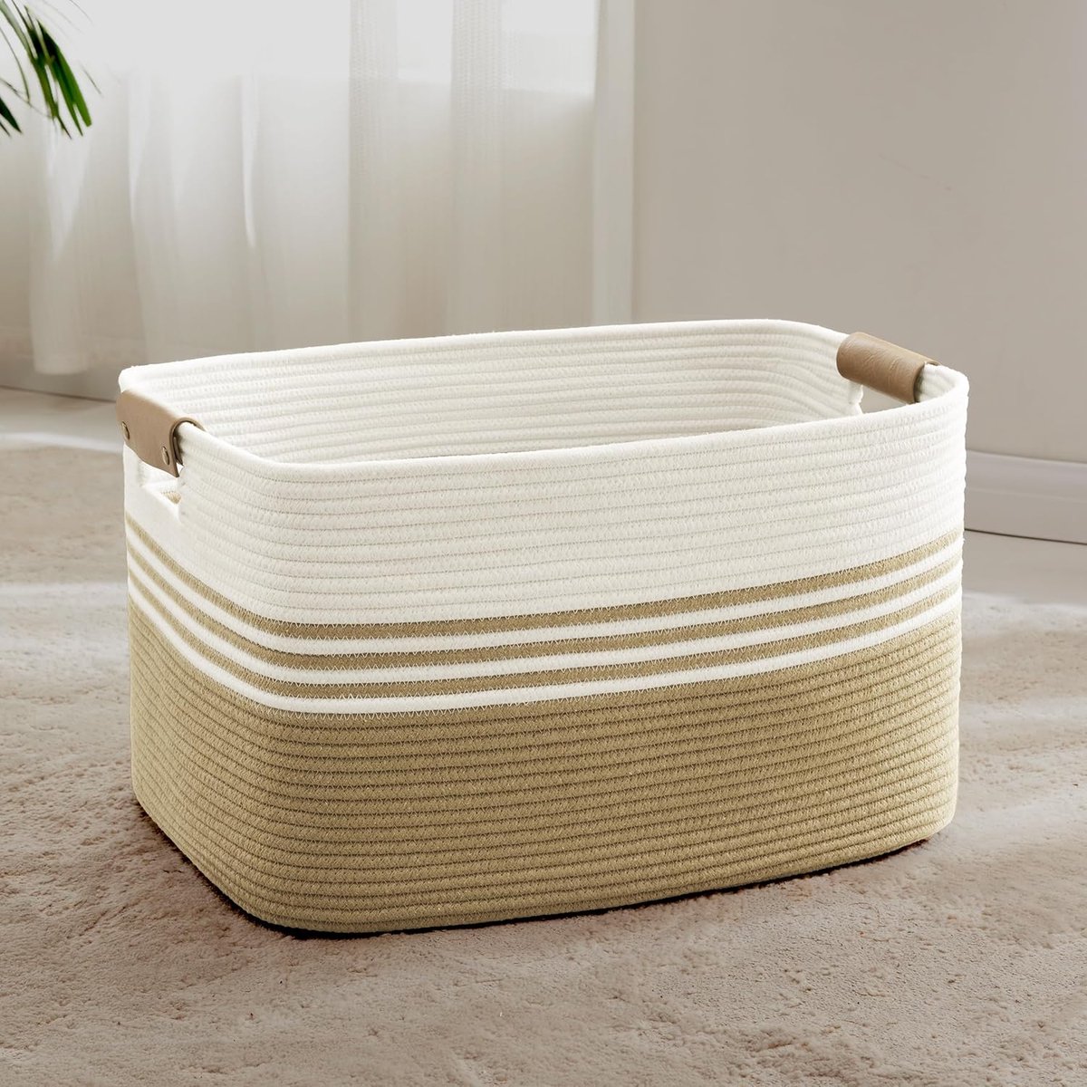 Geweven wasmand van katoenkoord, 72L, opbergmand met leren handvatten, mand voor dekens, kleding, speelgoed, wasmand voor kinderkamer of woonkamer, 55x43x30 cm, wit en kaki