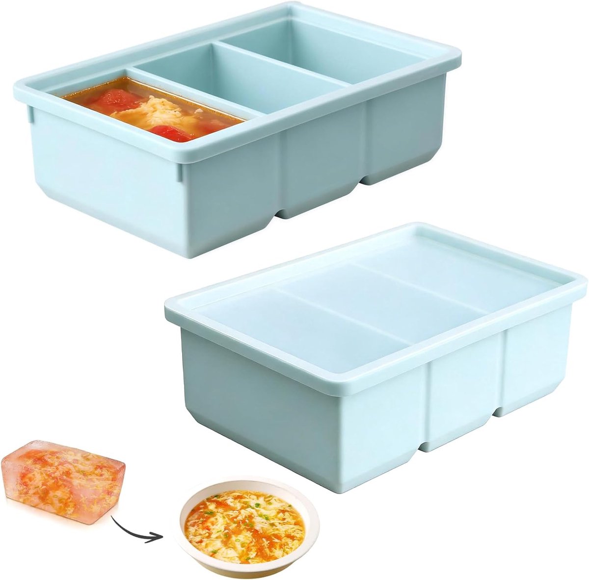 2 stuks Souper Cube vorm voor vriezer van siliconen, 3 vakjes, ijsblokjesvorm, siliconen met deksel, elke cel is 200 ml voor bouillon, saus en grote ijsblokjes om in te vriezen