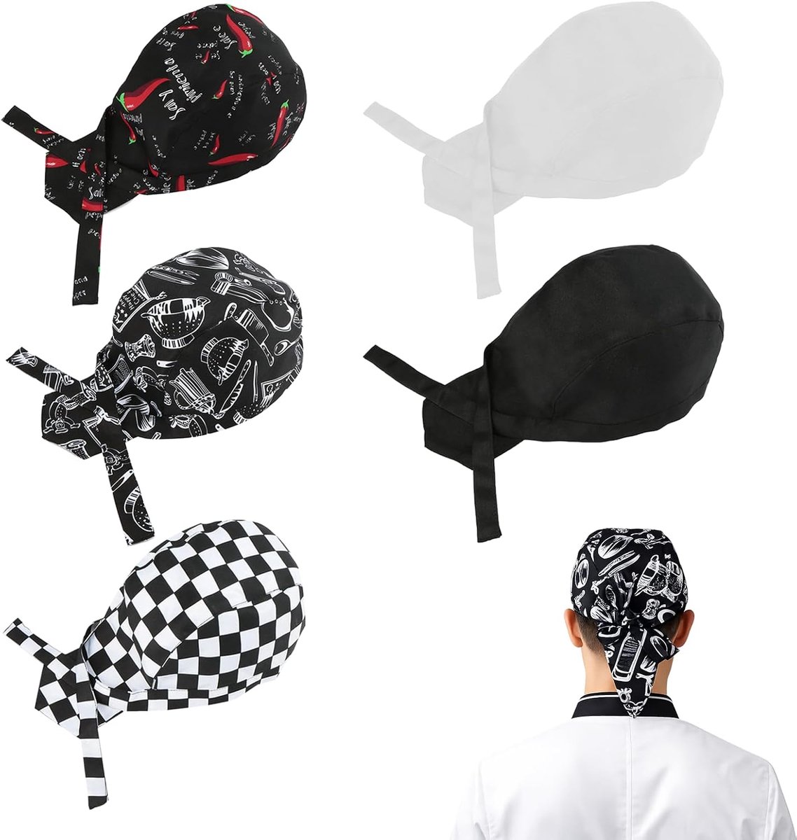 Set van 5 kookmutsen voor mannen en vrouwen, elastische koksmuts, kokshoed, zwarte kookmuts, bandana, verstelbare keukenmuts voor restaurants, hotels, scholen en thuis
