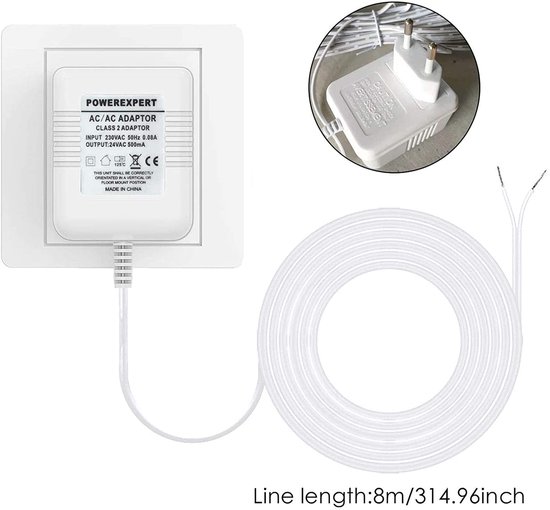 Deurbel Transformator - Stroom Adapter - Continue Stroom - 24V 500mA Output - 8 Meter Kabel - Wit — afbeelding 2
