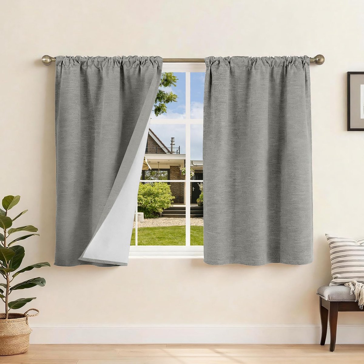 100% ondoorzichtige gordijnen met plooiband, linnenlook, verduisteringsgordijnen, 120 x 90 x 2 cm, lichtgrijs, thermische gordijnen, koudebescherming, woonkamer, verduisteringsgordijn