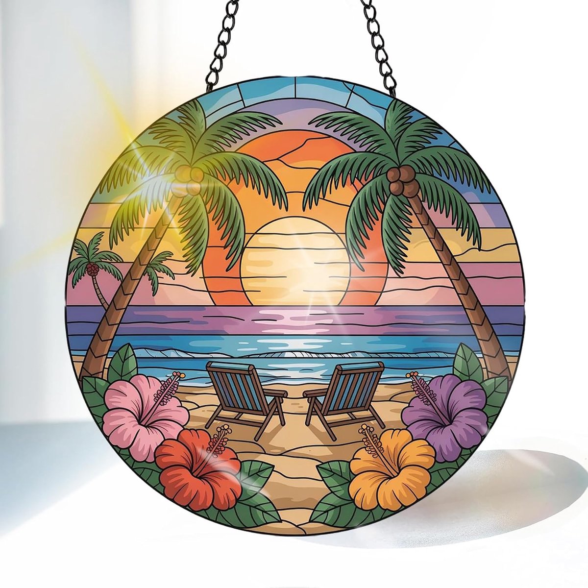 Strand Gekleurde Glas Zonnevanger 20 cm, Decoratief Stoel Glasraam Ornament met Ketting en Ophanghaak, Raamdecoratie voor Venster, Woonkamer, Tuin of Balkon, Cadeau Idee