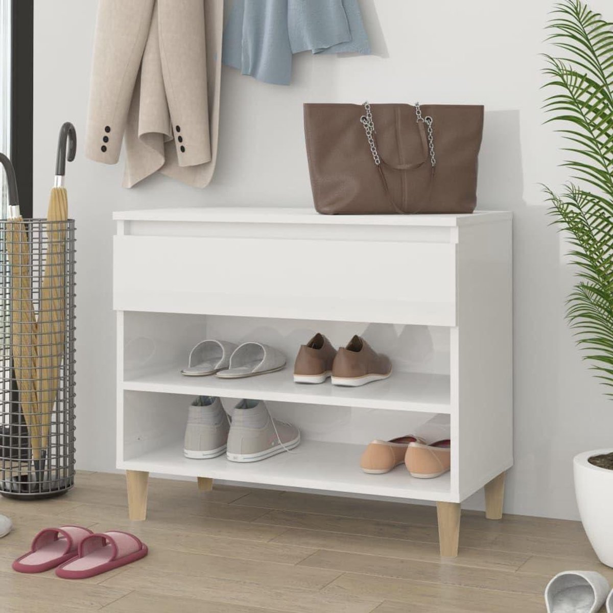 Schoenenkast met Lade - Halmeubel Opberger - Schoenen Opbergen - Hoogglans Afwerking - 70 x 36 x 60 cm - Wit