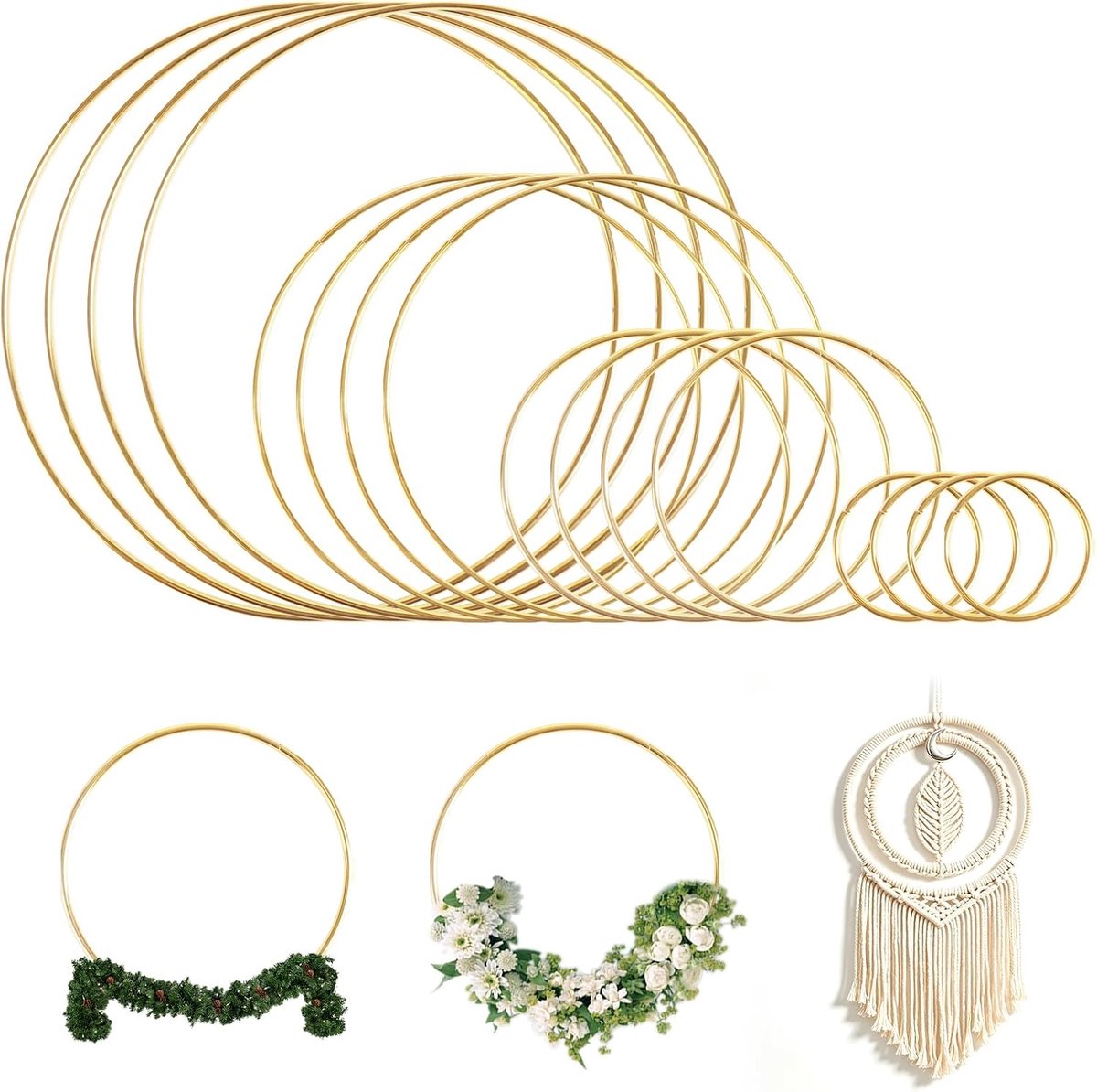 16 stuks 5/10/15/20 cm metalen ringen om te knutselen, gouden metalen ring decoratieve ring, sterke metalen ringen om op te hangen voor dromenvangers, ring, macramé, ring, handwerk, bloemenkrans