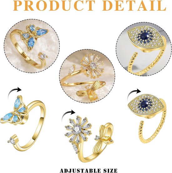 Ring voor Vrouwen Gouden Fidget Ring voor Tiener Meisjes Verstelbare Open Spinner Ringen voor Angst Vrouwen Dochter, Vlinder Maan Ster Zonnebloem Bij Kristal Ringen voor Kerstmis Moederdag Gift — afbeelding 5