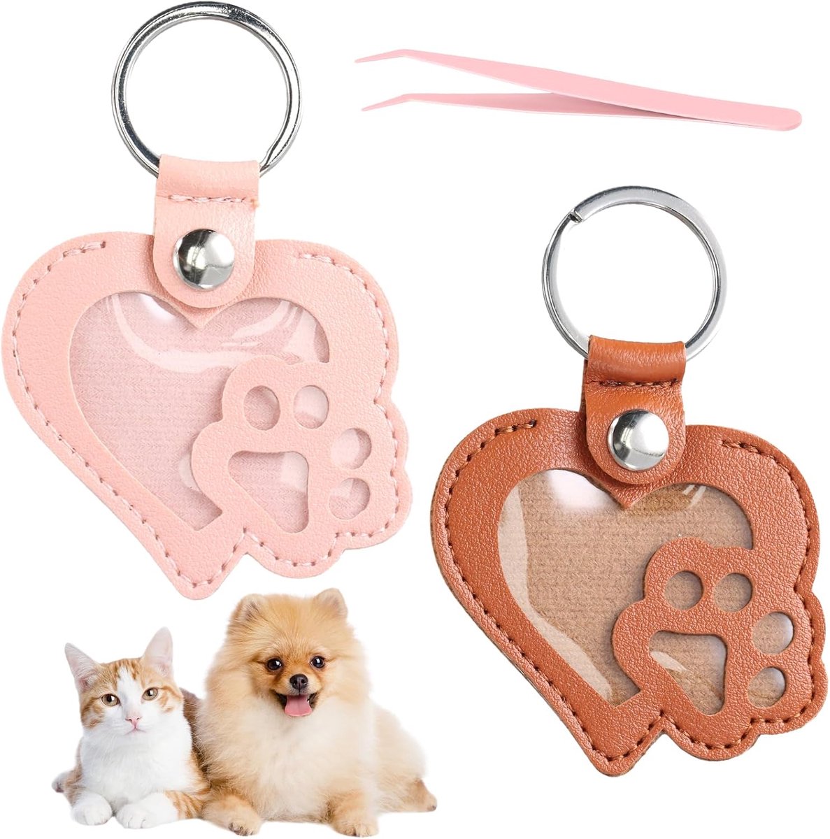 Sleutelhanger voor honden, 2 stuks, leren sleutelhangers in pootvorm met 1 clip, opbergzak voor dierenharen (roze, bruin)