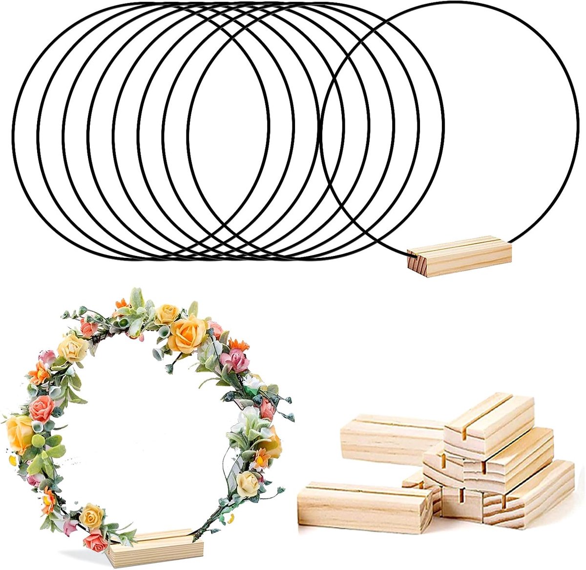 8 stuks metalen ringen om te knutselen, 30 cm tafelopzetstukken, macramé ringen met houten kaarthouder, doe-het-zelf krans, handwerk, dromenvanger voor bruiloftsdecoratie en wanddecoratie