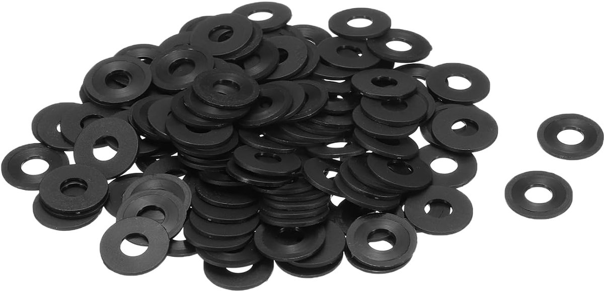 Platte sluitringen van nylon, M6, 6 mm, diameter 16 mm, dikte 1 mm, gladde sluitringen van kunststof, voor kunststof plaatafdichtingen, zwart, 120 stuks