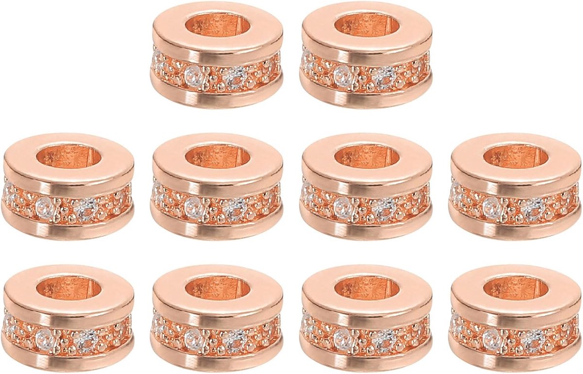 Afstandsparels met ronde ring, 10 stuks, 8 mm - afstandhouders van messing met strass (wit - roségoud)