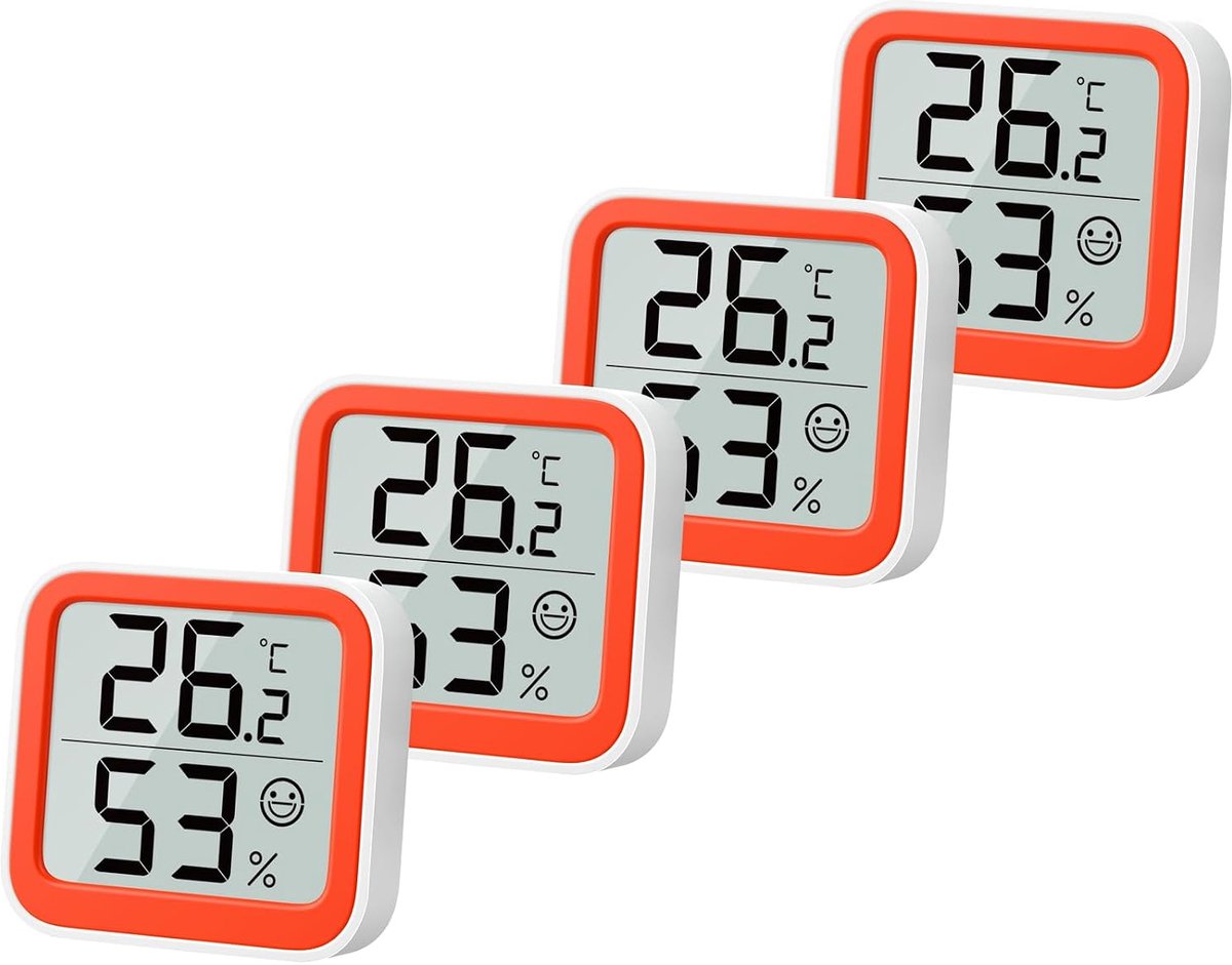 Thermometer Vochtigheidsmeter Binnen Mini Hygrometer Monitor Kamertemperatuur Meetinstrument met Gezichtspictogram Comfort Indicator ℃/℉ Schakelaar, Oranje (4)