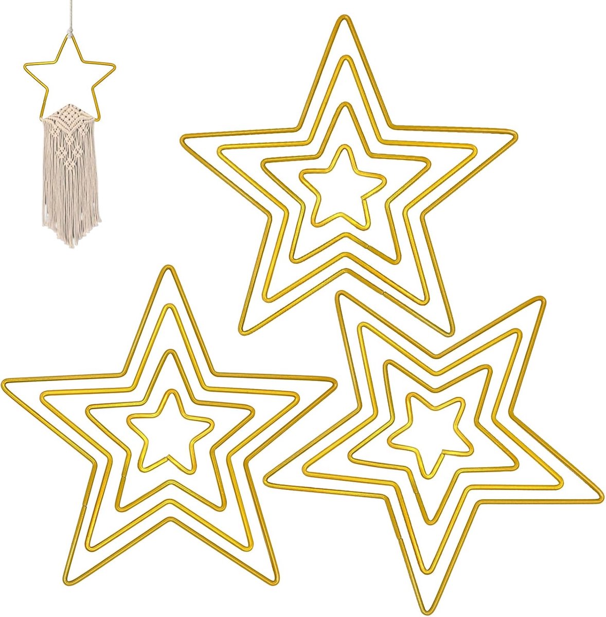 12 stuks metalen ringen, ster, 5/10/15/20 cm, metalen sterren, draadsterren, decoratieve ster, om te knutselen, decoratie, dromenvanger, doe-het-zelf (goud)