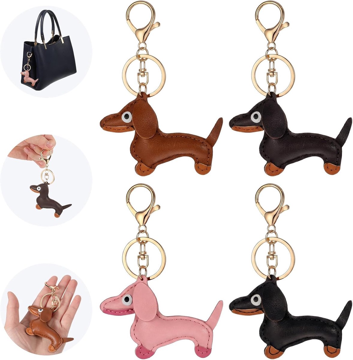 4 stuks sleutelhangers, teckel, leer, geluksbrenger, teckel decoratie, hanger, schattige puppy, hondentas, hanger, sleutelhanger, cadeau voor handtas, rugzak, decoratie, lievelingsmens