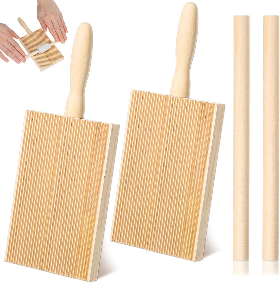 2 stuks grenenhout met 8,27 cm staaf, pastaplank hout, 21 × 8,5 cm | Gnocchi plank hout, garganellischraper voor het bereiden van spaghetti, pennen, ravioli, aardappelballen en boter