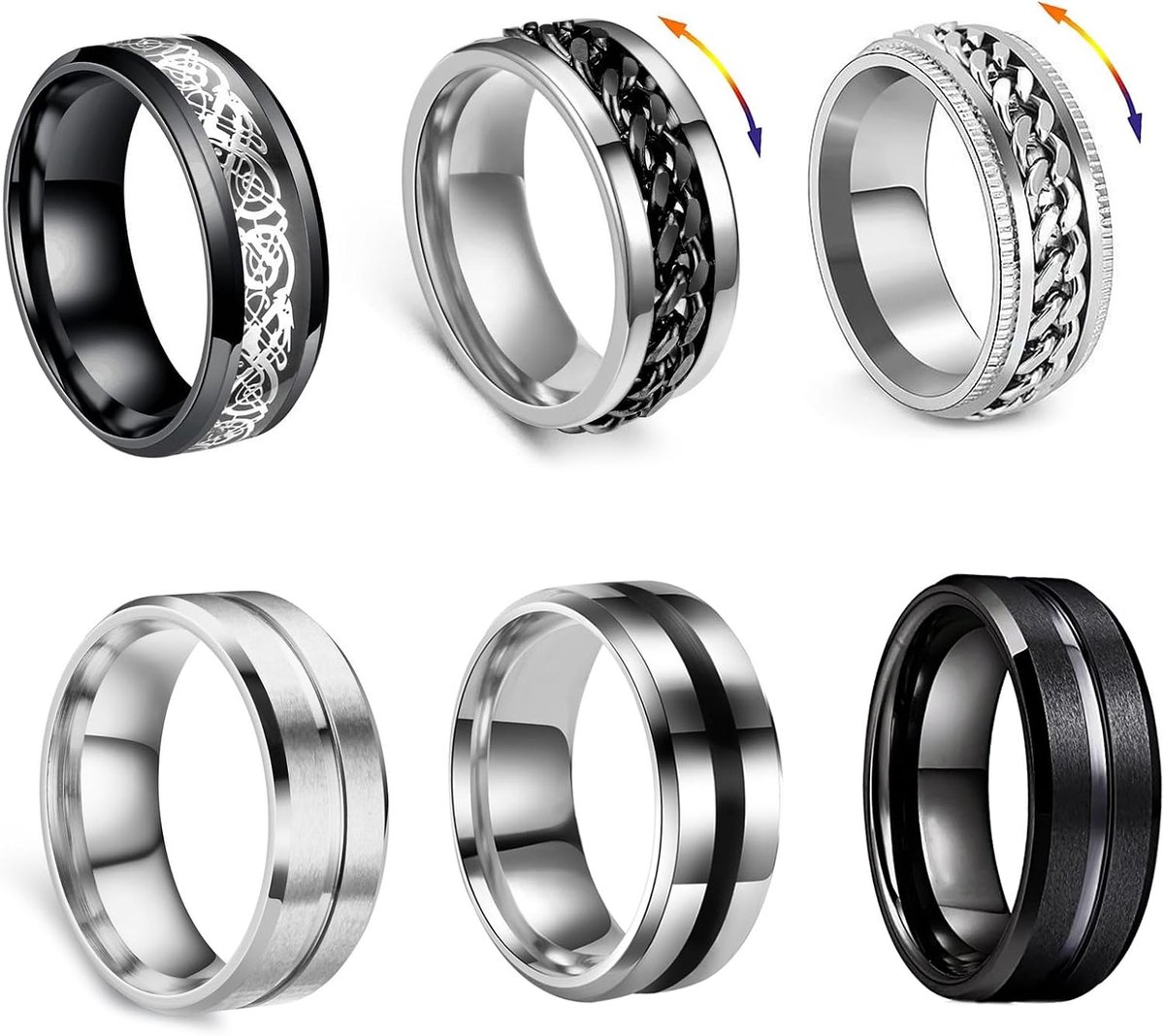 Ringen voor heren, roestvrij staal, coole twisted ketting, angst-ringen, zwarte spinner ringenset voor mannen en vrouwen, maat
