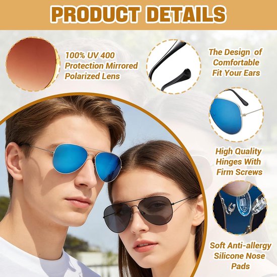 Zonnebril Pilotenstijl Set - 3 Stuks Gepolariseerde Aviator Zonnebrillen met Hoes - UV Bescherming, Lichtgewicht Metaalframe voor Dames en Heren — afbeelding 4