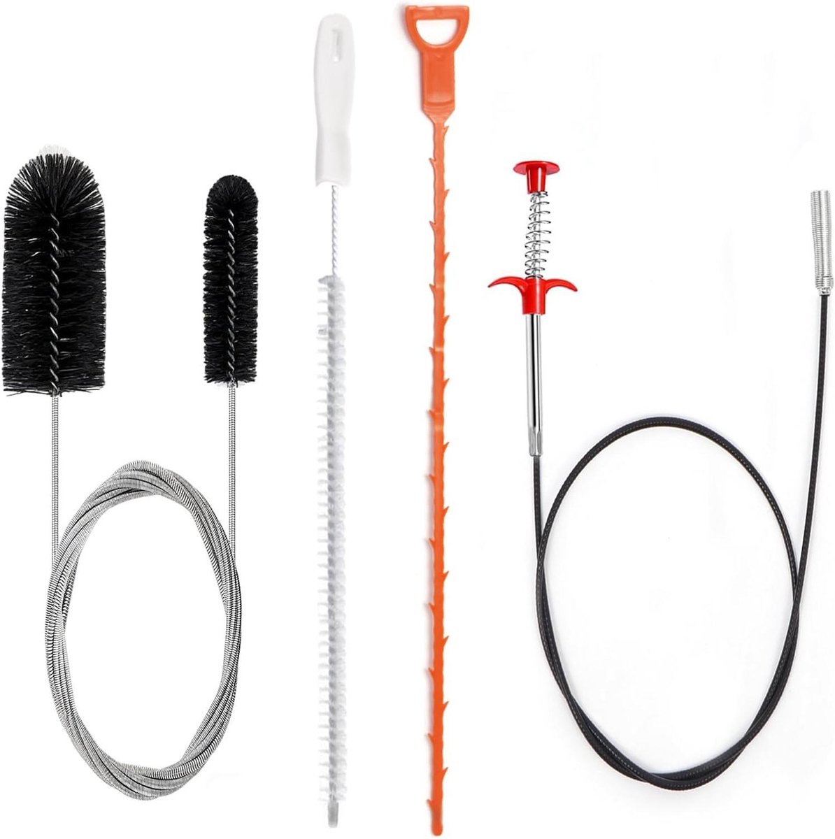 Afvoerborstel Set - Reinigingsborstel Buis - Verstopte Afvoer Verhelpen - 4 Delige Kit - Tot 200 cm - Wit Zwart Oranje